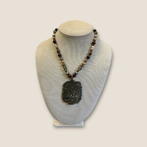 Freshwater Pearl Natural Stone And Faceted Bead Necklace Featuring Carved MOP